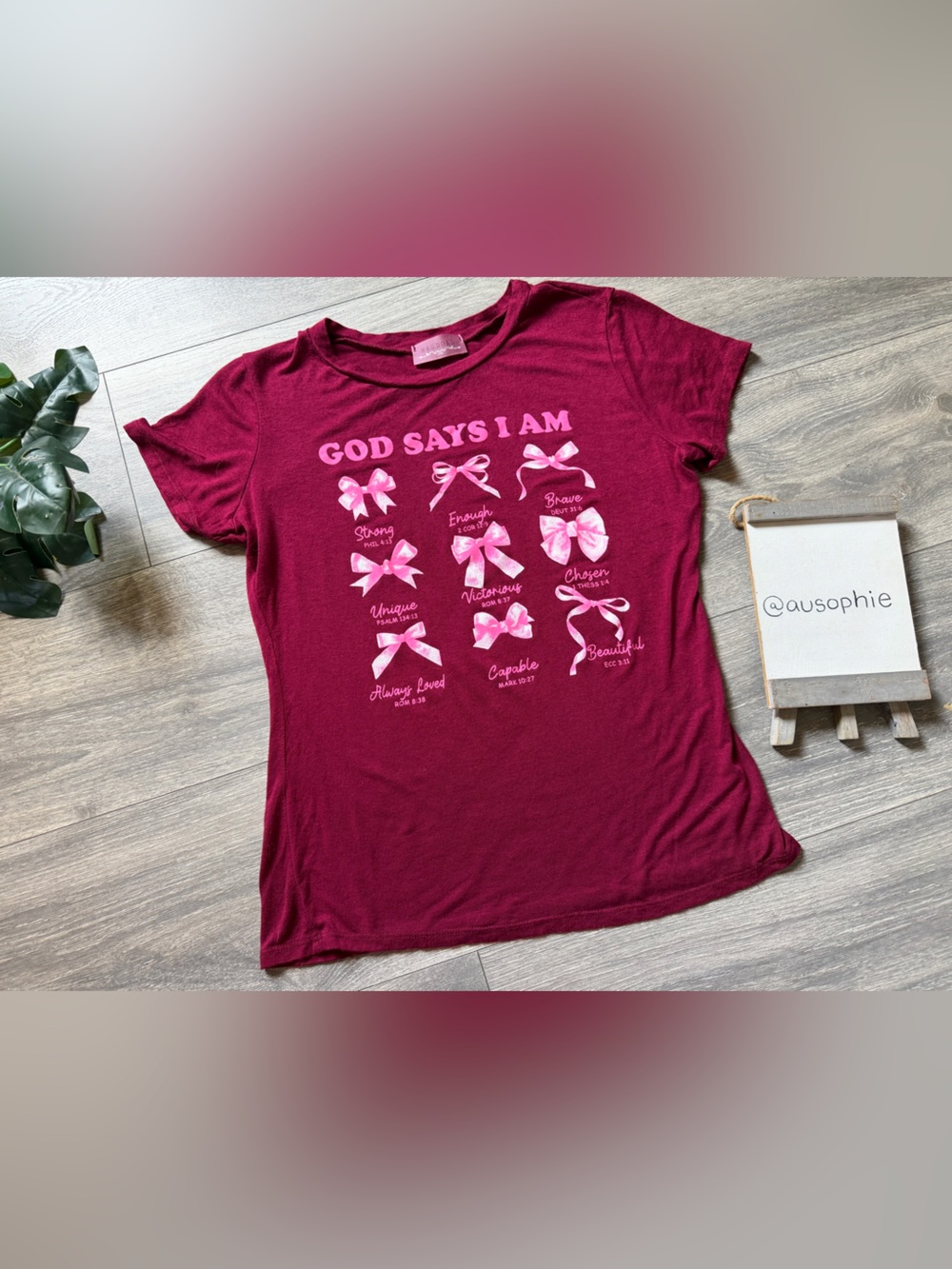 Ragdoll Burgundy  & Pink Ribbon Bow Graphic Tee - 'God Says I Am'. Size L
